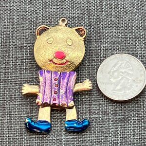 Elleo Teddy Bear Brooch Pin Pendant 2.25 In Gold Purple Blue Articulated Vintage